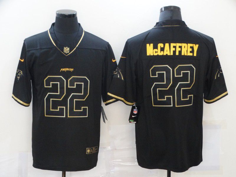Men Carolina Panthers #22 Mccaffrey Black Retro Gold Lettering 2020 Nike NFL Jersey->kansas city chiefs->NFL Jersey